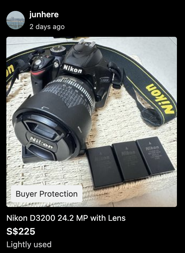 Nikon D3200 with lens to show pricing in Singapore
