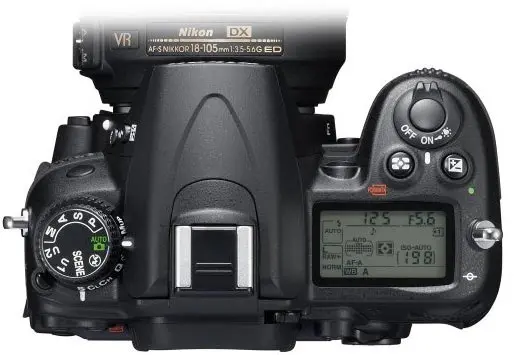 Nikon D7000 top view, showing the control dial and top panel LCD